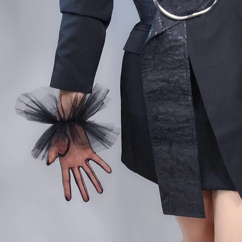 Women Mesh Ruffle Gloves White Wrist Dressy Evening Party Accessories